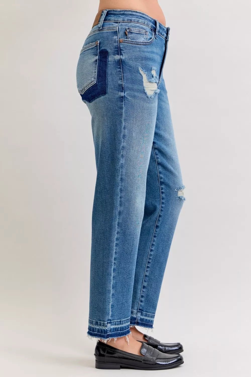 Judy Blue Full Size Mid Rise Bf Patch & Repair Destroy Release Hem Jeans Plus Size - Blu Lotus Boutique