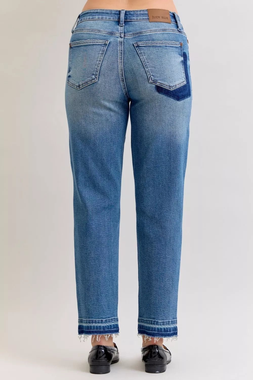 Judy Blue Full Size Mid Rise Bf Patch & Repair Destroy Release Hem Jeans Plus Size - Blu Lotus Boutique