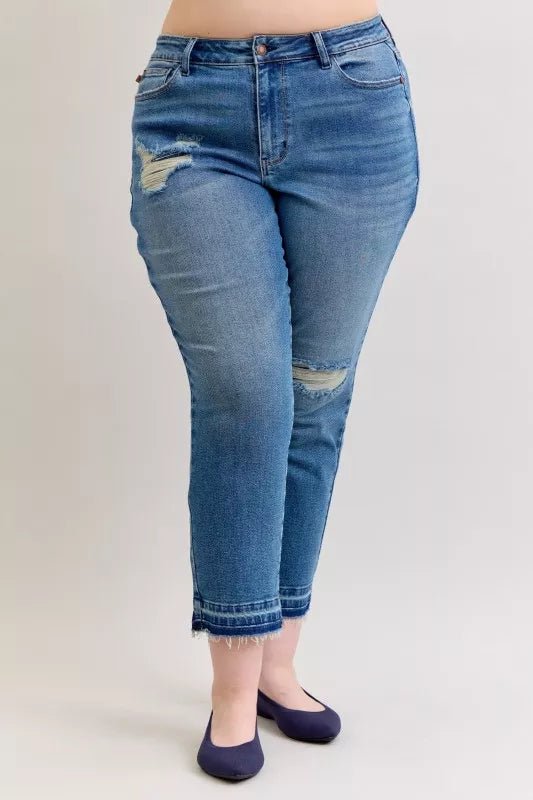 Judy Blue Full Size Mid Rise Bf Patch & Repair Destroy Release Hem Jeans Plus Size - Blu Lotus Boutique
