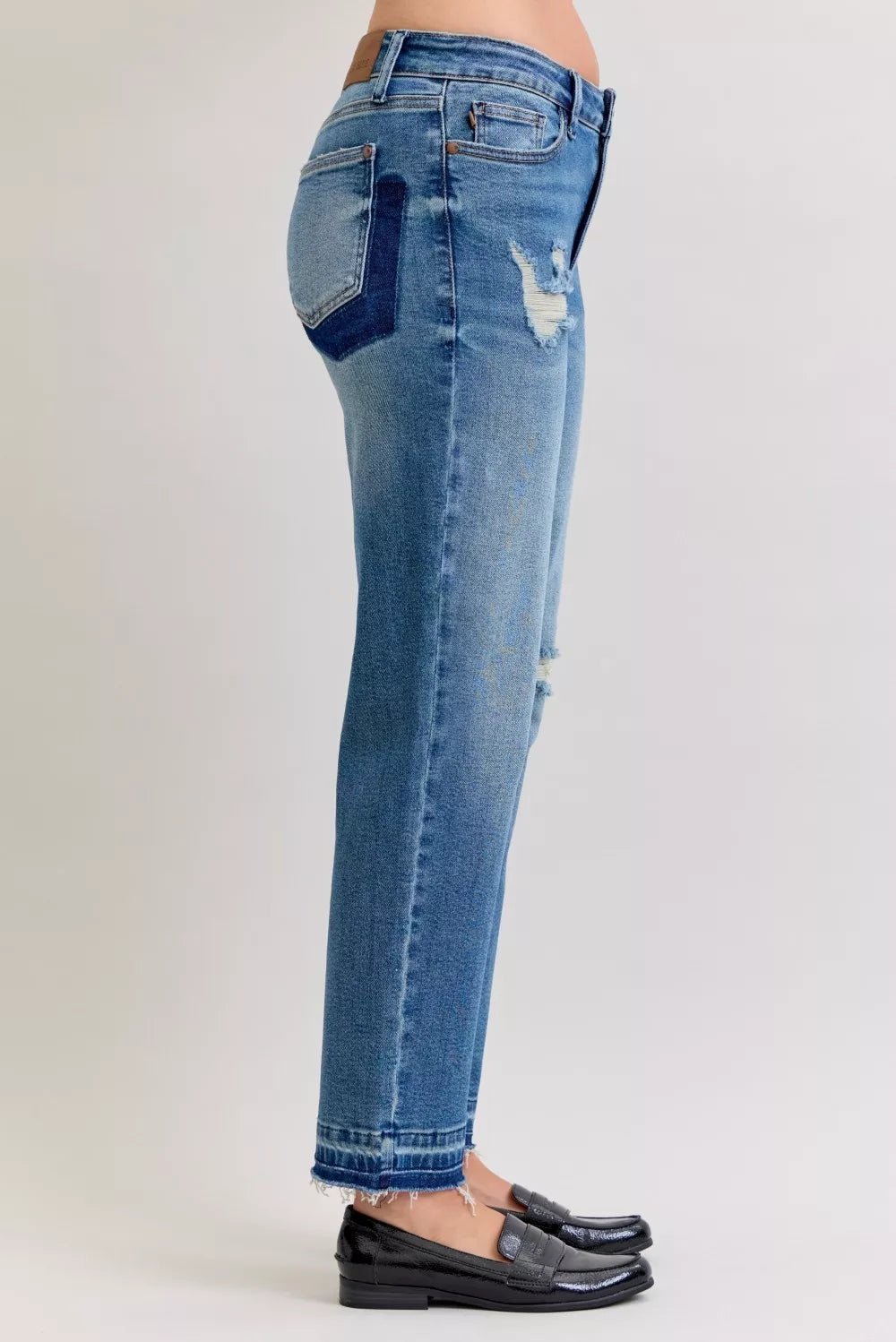 Judy Blue Full Size Mid Rise Bf Patch & Repair Destroy Release Hem Jeans Plus Size - Blu Lotus Boutique