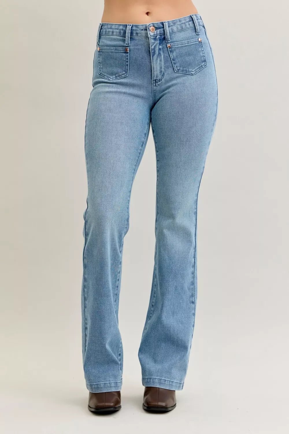 Judy Blue Full Size Mid Rise Bootcut Jeans with Contrast Wash & Front Patch Pockets Plus Size - Blu Lotus Boutique