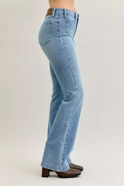 Judy Blue Full Size Mid Rise Bootcut Jeans with Contrast Wash & Front Patch Pockets Plus Size - Blu Lotus Boutique