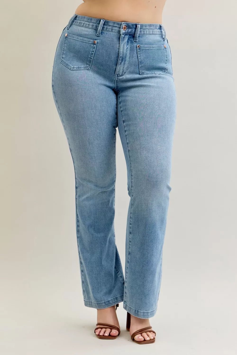 Judy Blue Full Size Mid Rise Bootcut Jeans with Contrast Wash & Front Patch Pockets Plus Size - Blu Lotus Boutique