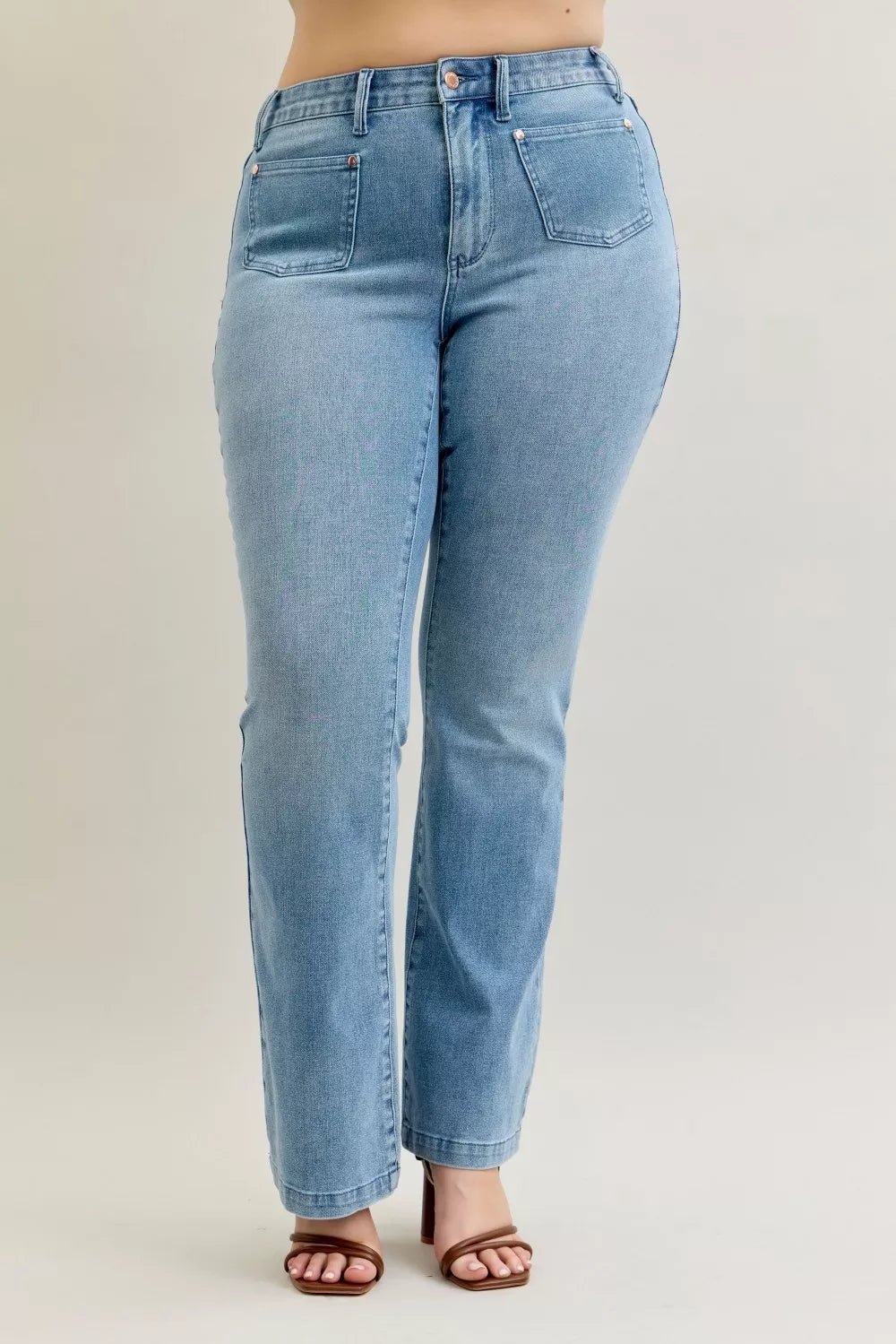 Judy Blue Full Size Mid Rise Bootcut Jeans with Contrast Wash & Front Patch Pockets Plus Size - Blu Lotus Boutique