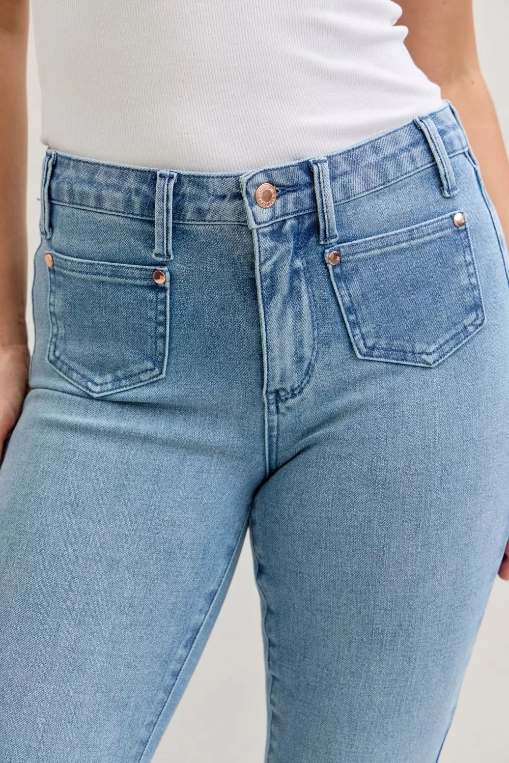 Judy Blue Full Size Mid Rise Bootcut Jeans with Contrast Wash & Front Patch Pockets Plus Size - Blu Lotus Boutique