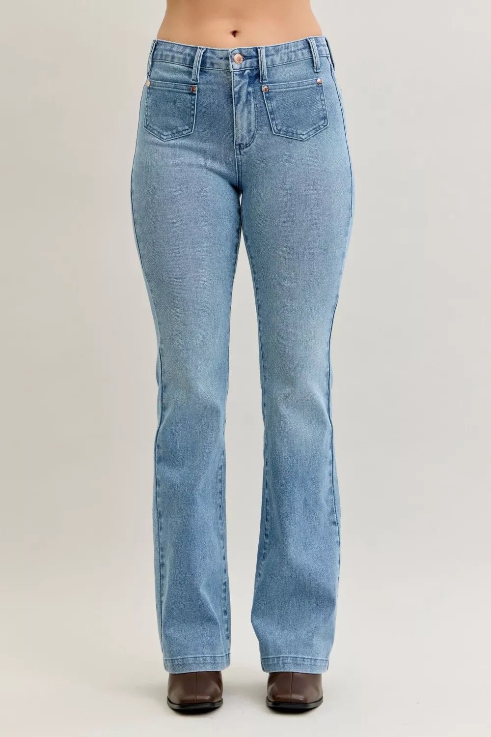 Judy Blue Full Size Mid Rise Bootcut Jeans with Contrast Wash & Front Patch Pockets Plus Size - Blu Lotus Boutique