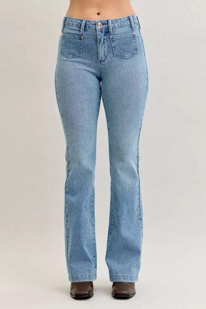Judy Blue Full Size Mid Rise Bootcut Jeans with Contrast Wash & Front Patch Pockets Plus Size - Blu Lotus Boutique