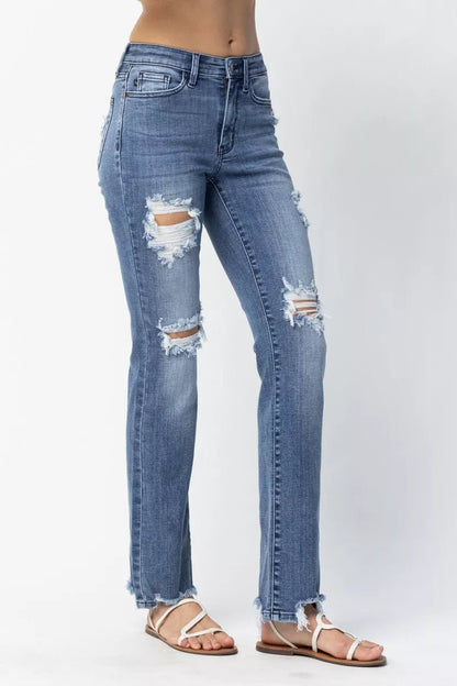 Judy Blue Full Size Mid Rise Destroy Straight Jeans Plus Size - Blu Lotus Boutique