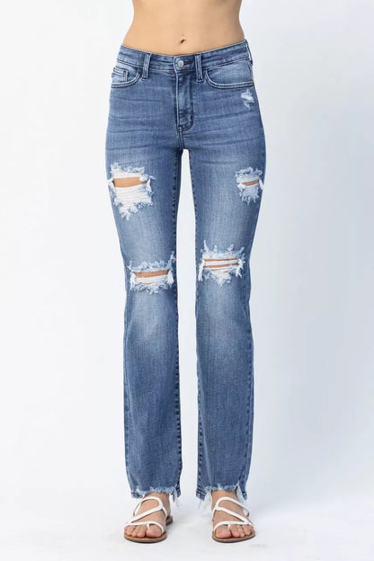 Judy Blue Full Size Mid Rise Destroy Straight Jeans Plus Size - Blu Lotus Boutique