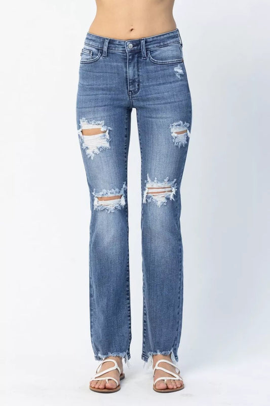 Judy Blue Full Size Mid Rise Destroy Straight Jeans Plus Size - Blu Lotus Boutique