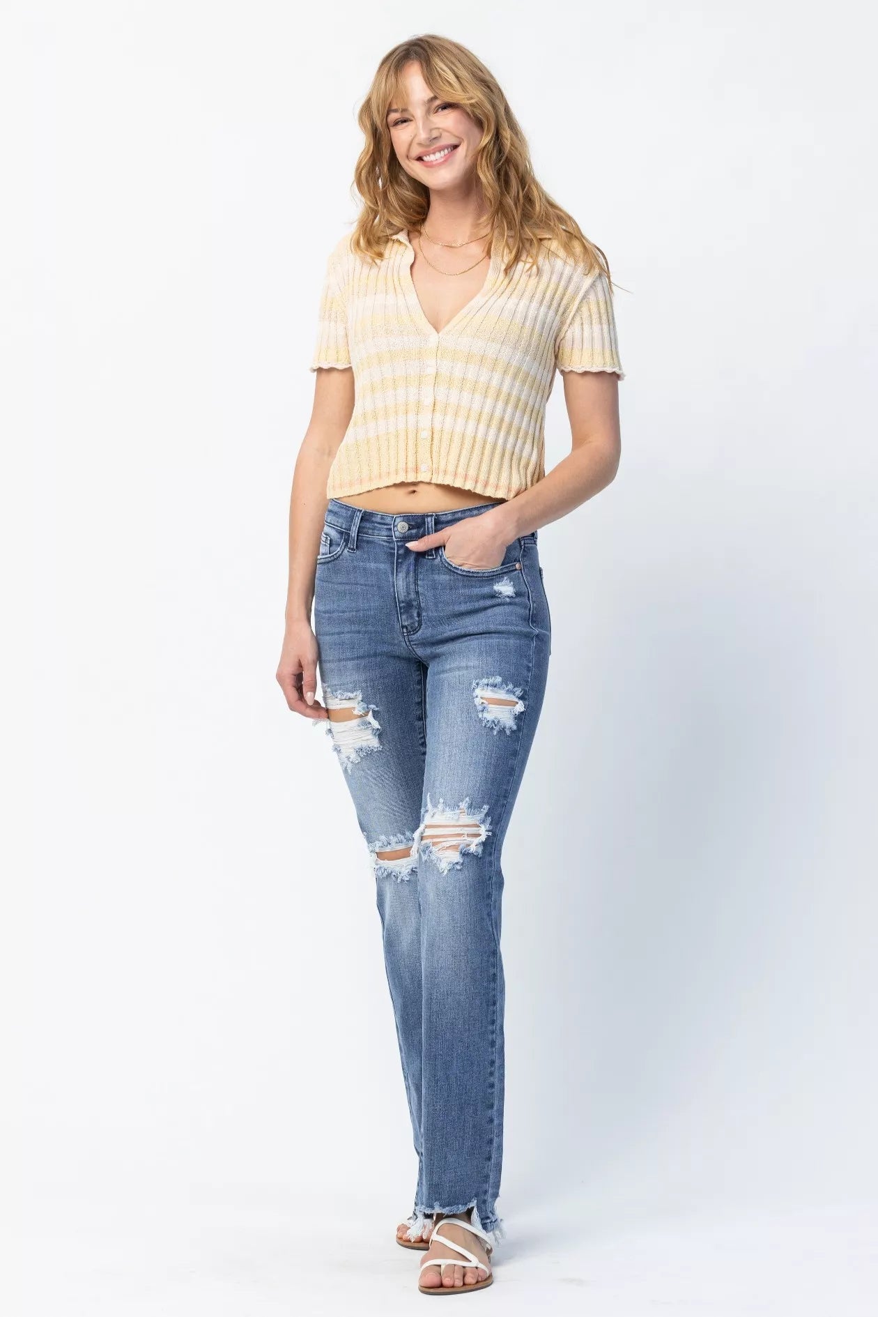 Judy Blue Full Size Mid Rise Destroy Straight Jeans Plus Size - Blu Lotus Boutique