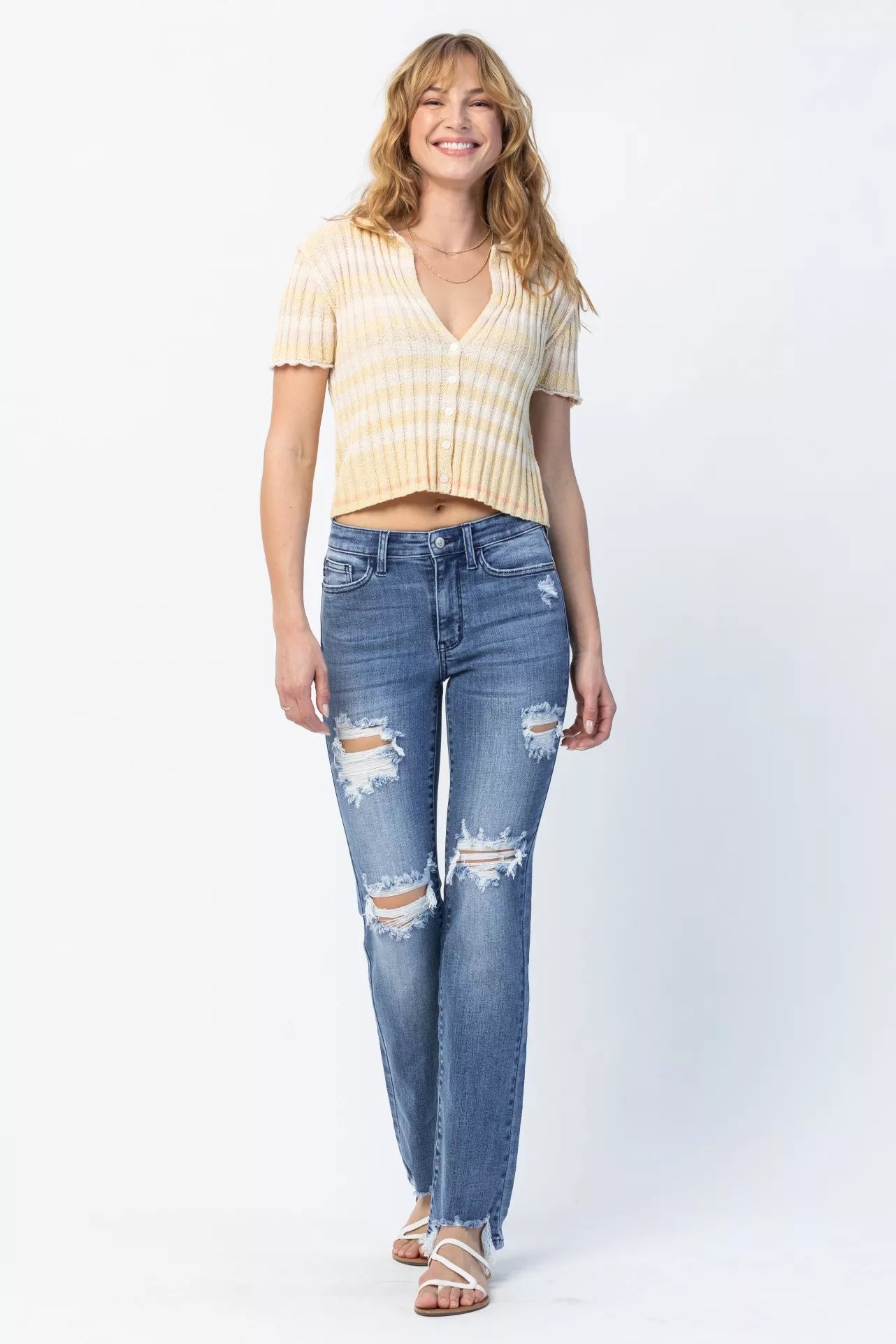 Judy Blue Full Size Mid Rise Destroy Straight Jeans Plus Size - Blu Lotus Boutique