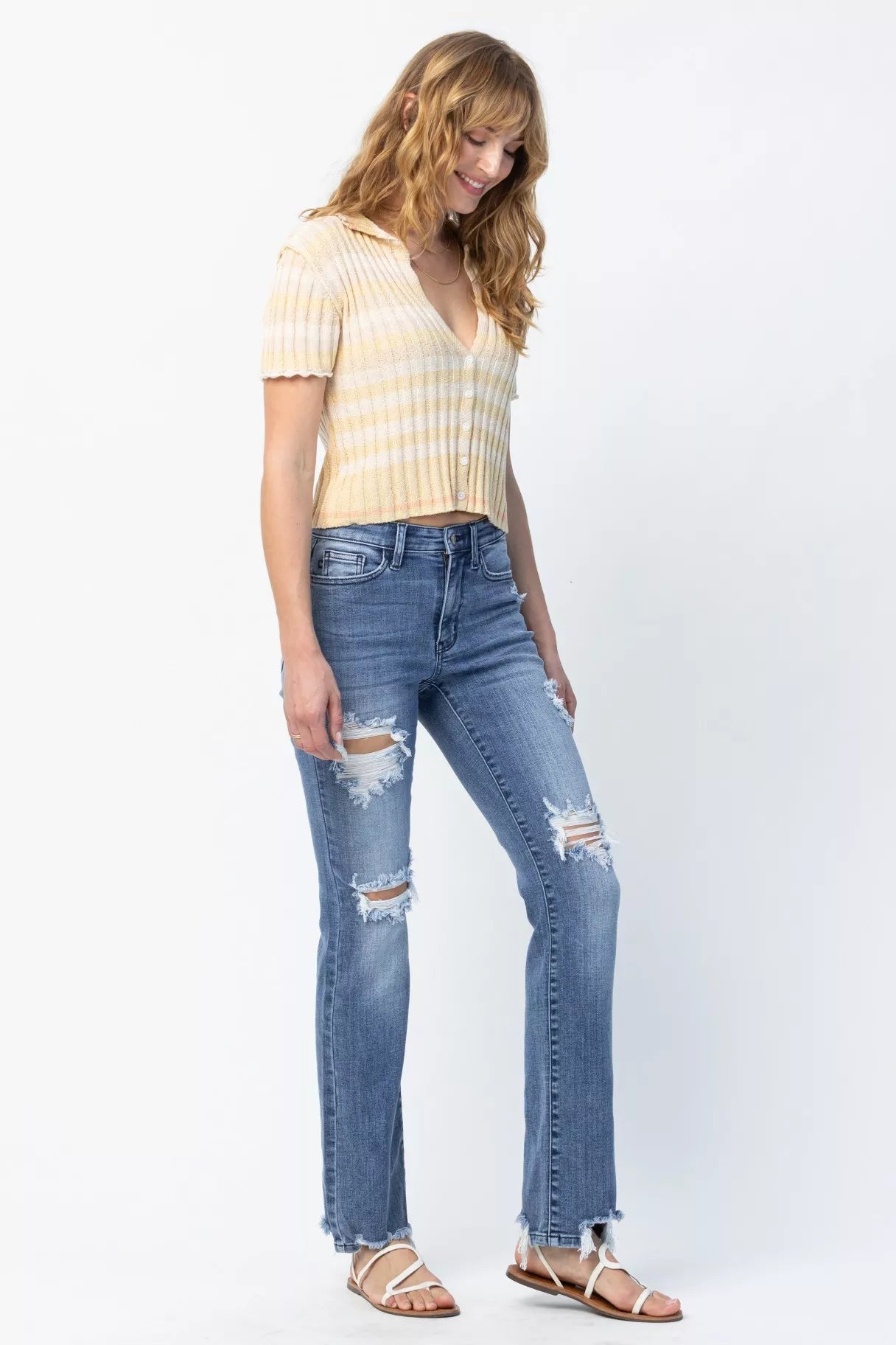 Judy Blue Full Size Mid Rise Destroy Straight Jeans Plus Size - Blu Lotus Boutique