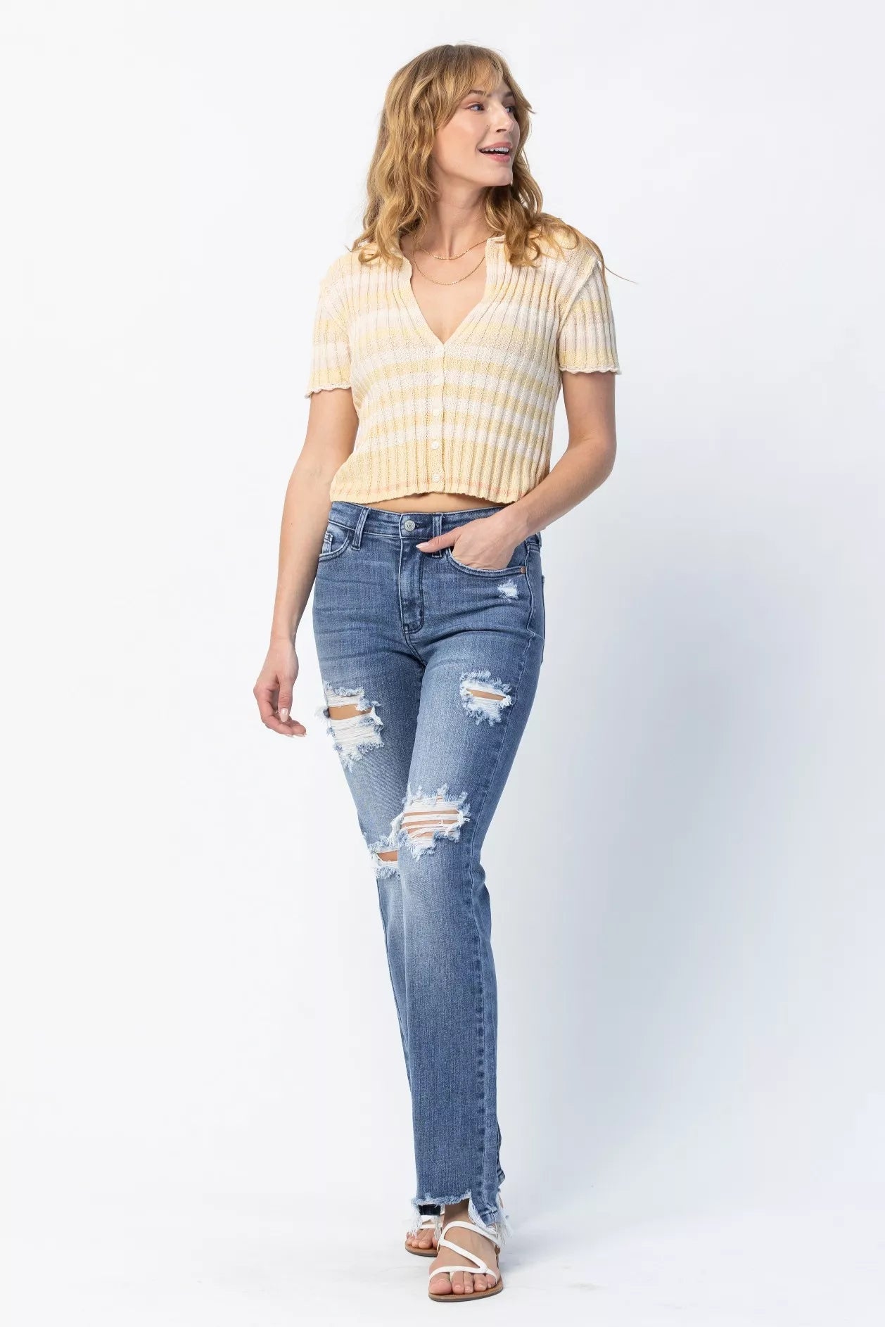 Judy Blue Full Size Mid Rise Destroy Straight Jeans Plus Size - Blu Lotus Boutique