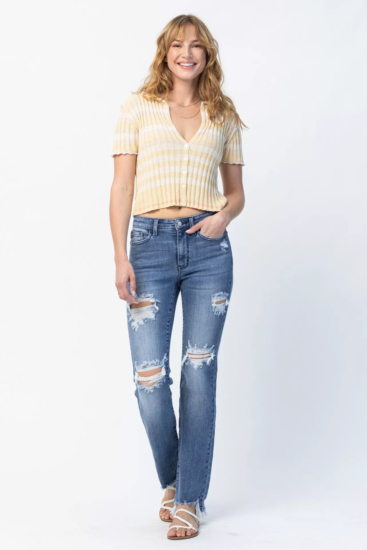 Judy Blue Full Size Mid Rise Destroy Straight Jeans Plus Size - Blu Lotus Boutique