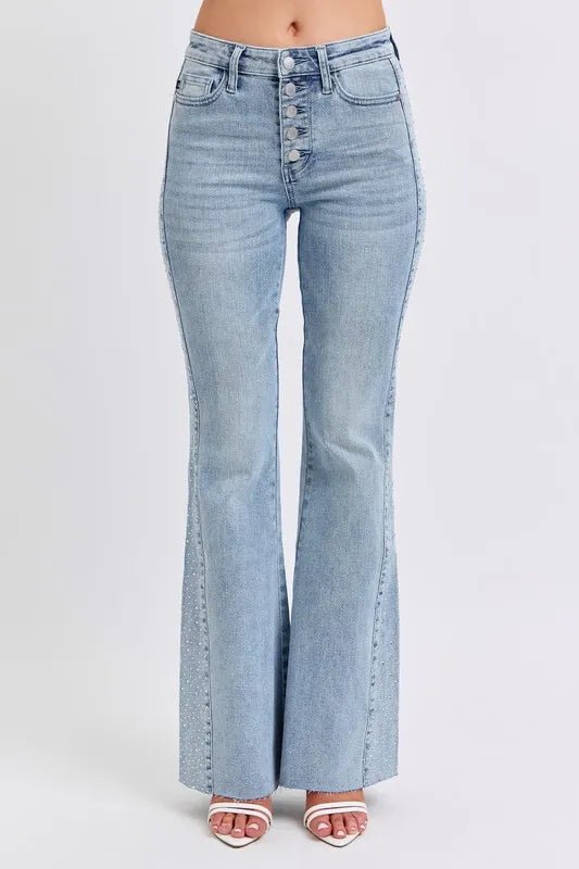 Judy Blue Full Size Mid Rise Rhinestone Side Panel Detail Flare Jeans Plus Size - Blu Lotus Boutique