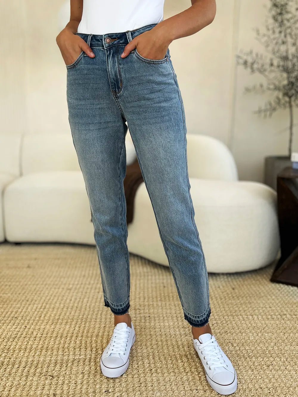 Judy Blue Full Size Mid Rise Rigid Magic Release Hem Jeans - Blu Lotus Boutique