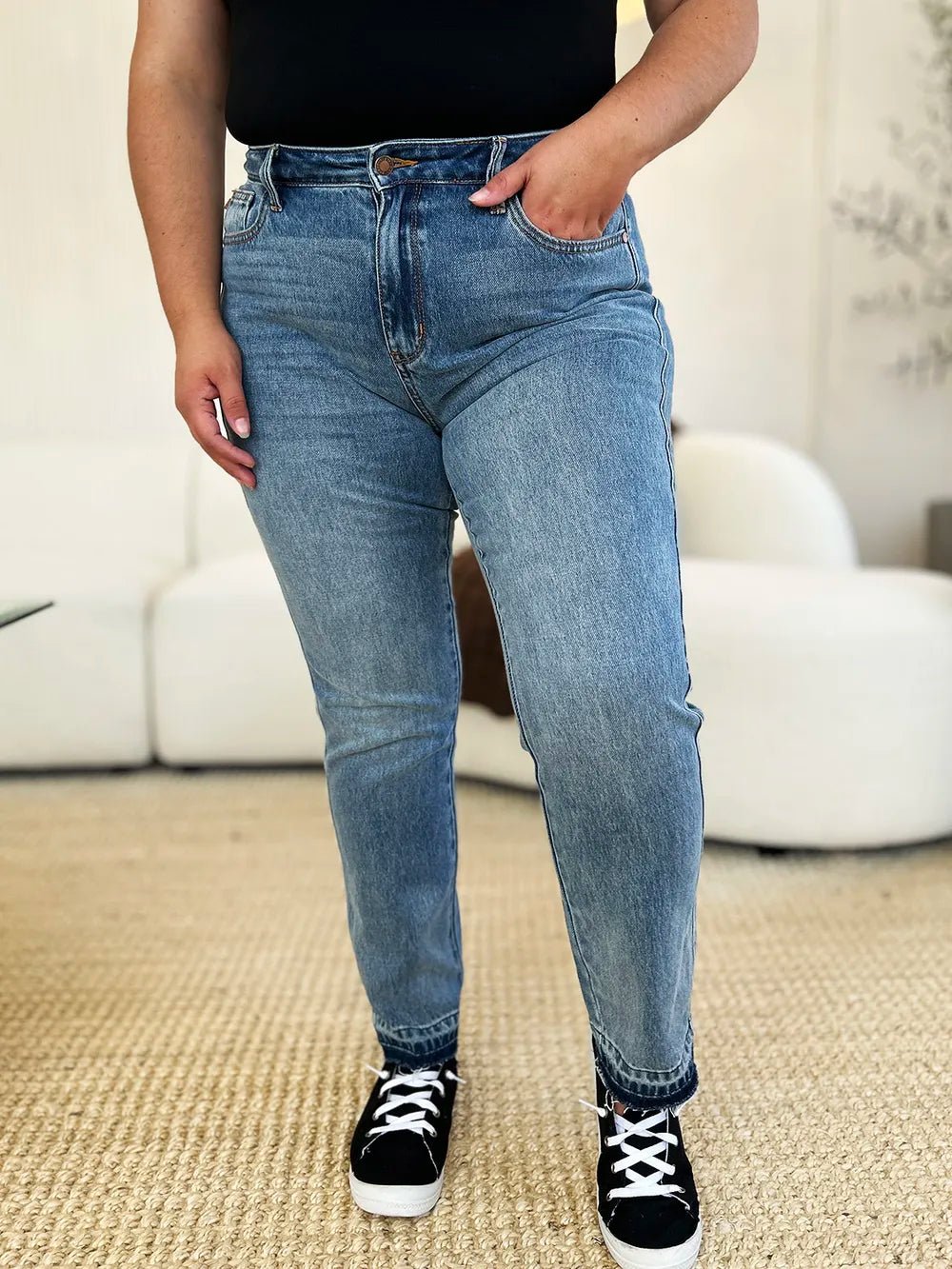 Judy Blue Full Size Mid Rise Rigid Magic Release Hem Jeans - Blu Lotus Boutique
