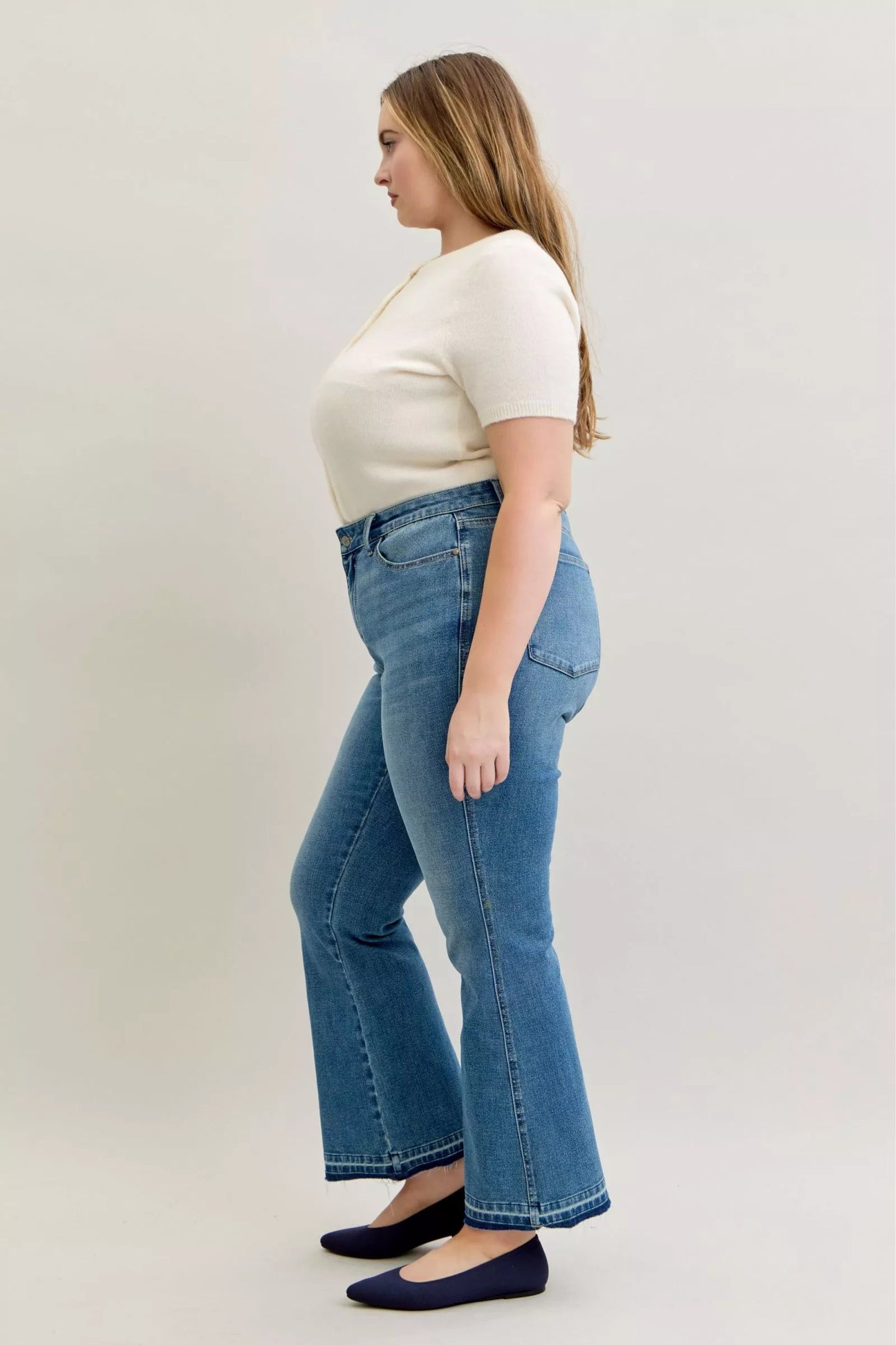 Judy Blue Full Size Mid Rise Slim Bootcut Tummy Control Release Hem Jeans Plus Size - Blu Lotus Boutique