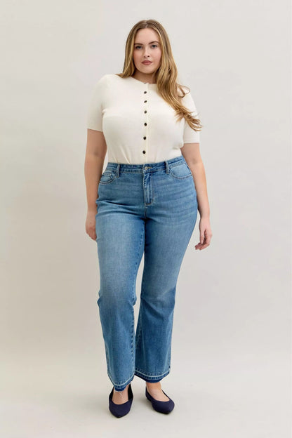 Judy Blue Full Size Mid Rise Slim Bootcut Tummy Control Release Hem Jeans Plus Size - Blu Lotus Boutique