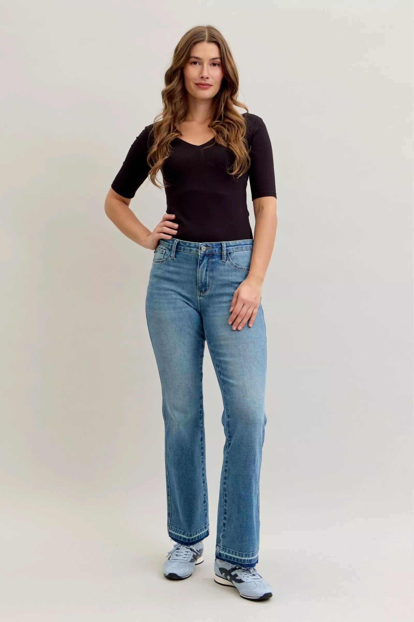 Judy Blue Full Size Mid Rise Slim Bootcut Tummy Control Release Hem Jeans Plus Size - Blu Lotus Boutique