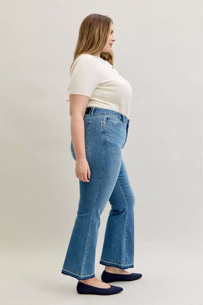 Judy Blue Full Size Mid Rise Slim Bootcut Tummy Control Release Hem Jeans Plus Size - Blu Lotus Boutique