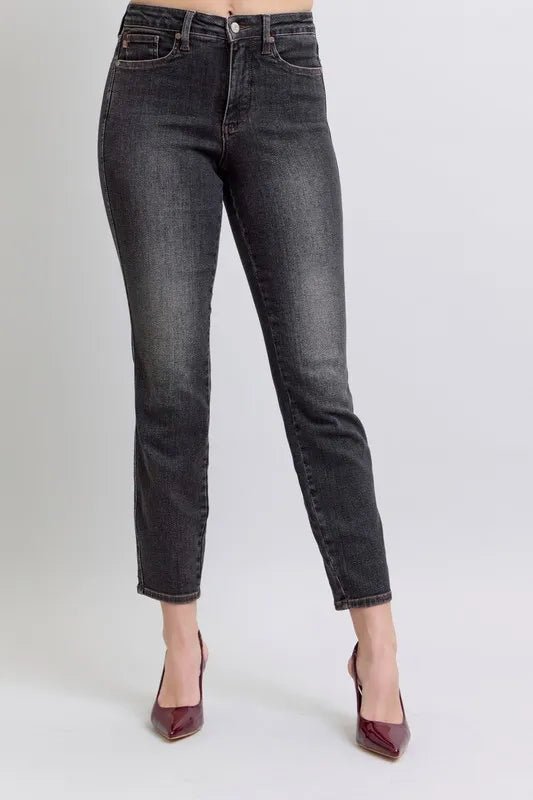 Judy Blue Full Size Mid Rise Tummy Control Slim Jeans Plus Size - Blu Lotus Boutique