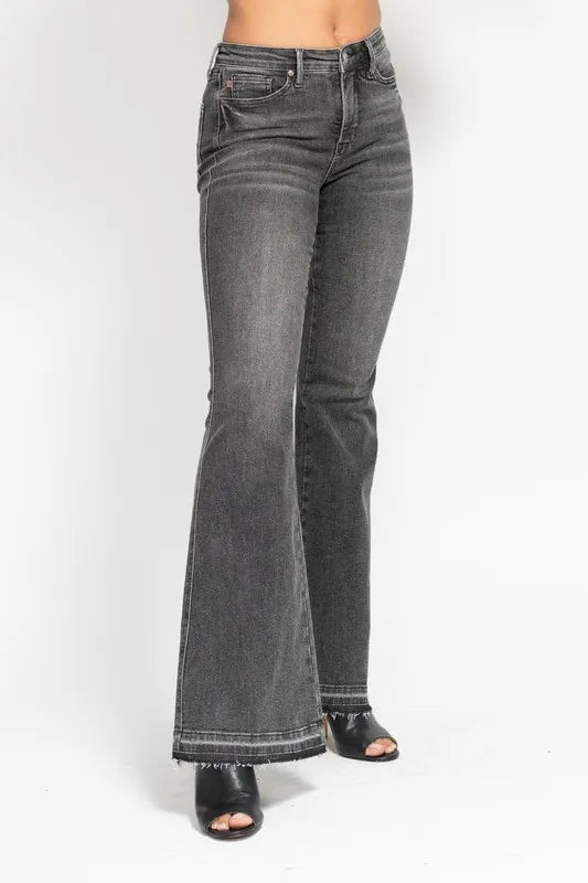 Judy Blue Full Size Mid Rise Tummy Control Washed Gray Release Hem Flare Jeans Plus Size - Blu Lotus Boutique
