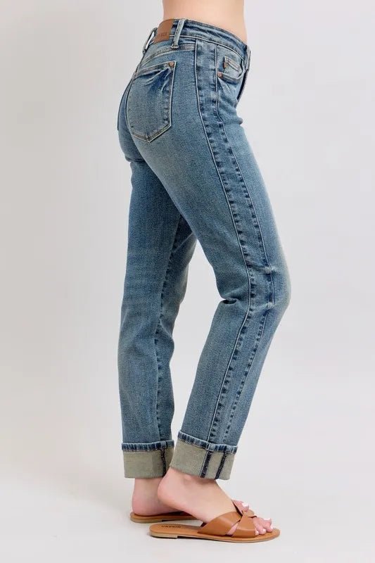Judy Blue Full Size Mid Rise Vintage Wash Double Roll Cuff Boyfriend Jeans Plus Size - Blu Lotus Boutique