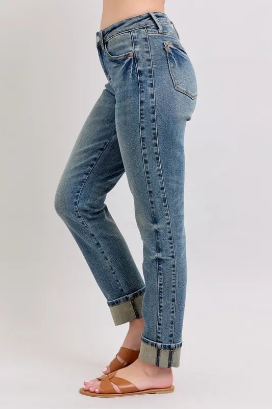 Judy Blue Full Size Mid Rise Vintage Wash Double Roll Cuff Boyfriend Jeans Plus Size - Blu Lotus Boutique