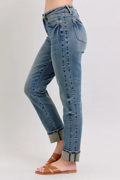 Judy Blue Full Size Mid Rise Vintage Wash Double Roll Cuff Boyfriend Jeans Plus Size - Blu Lotus Boutique