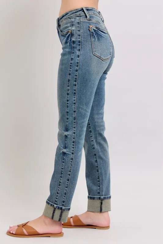 Judy Blue Full Size Mid Rise Vintage Wash Double Roll Cuff Boyfriend Jeans Plus Size - Blu Lotus Boutique
