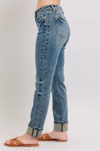 Judy Blue Full Size Mid Rise Vintage Wash Double Roll Cuff Boyfriend Jeans Plus Size - Blu Lotus Boutique