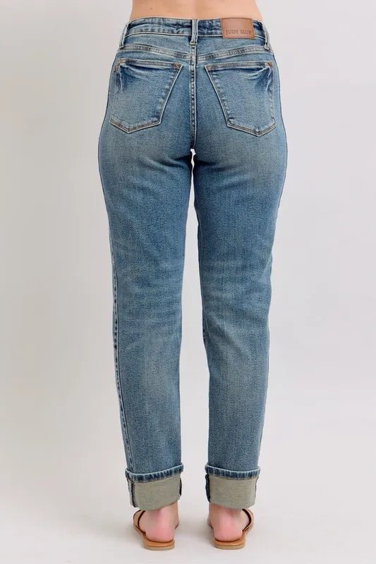 Judy Blue Full Size Mid Rise Vintage Wash Double Roll Cuff Boyfriend Jeans Plus Size - Blu Lotus Boutique