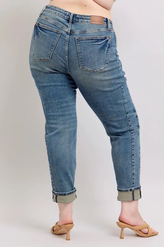 Judy Blue Full Size Mid Rise Vintage Wash Double Roll Cuff Boyfriend Jeans Plus Size - Blu Lotus Boutique