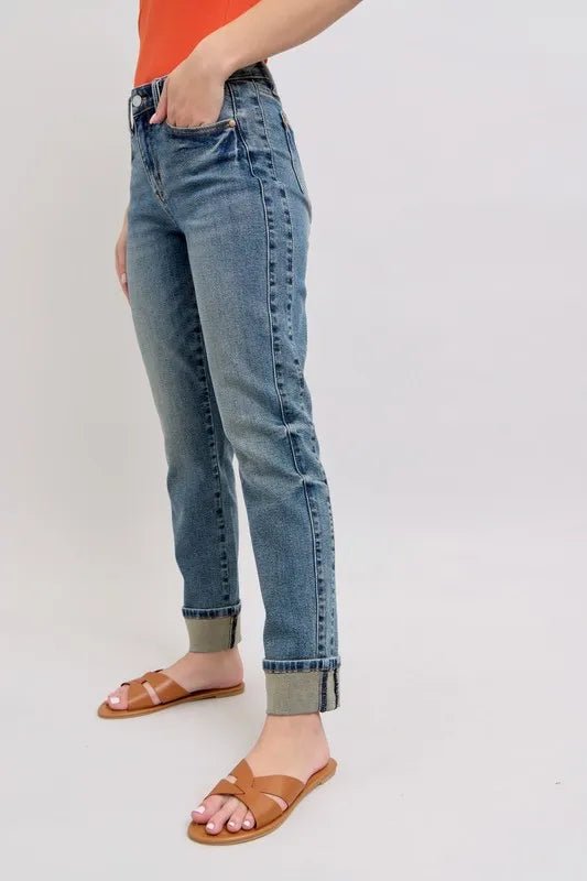 Judy Blue Full Size Mid Rise Vintage Wash Double Roll Cuff Boyfriend Jeans Plus Size - Blu Lotus Boutique