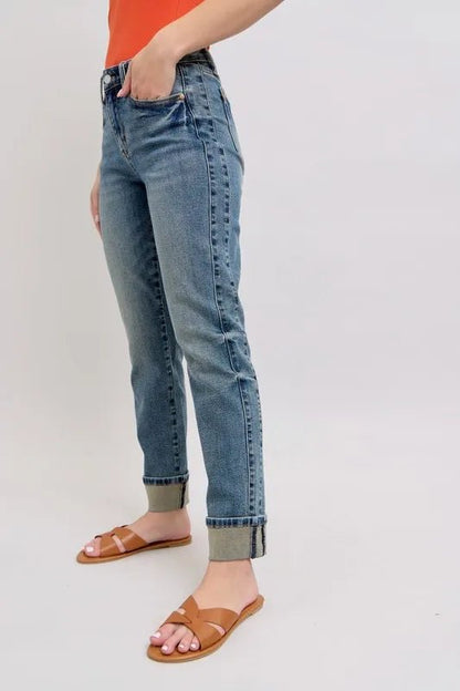 Judy Blue Full Size Mid Rise Vintage Wash Double Roll Cuff Boyfriend Jeans Plus Size - Blu Lotus Boutique