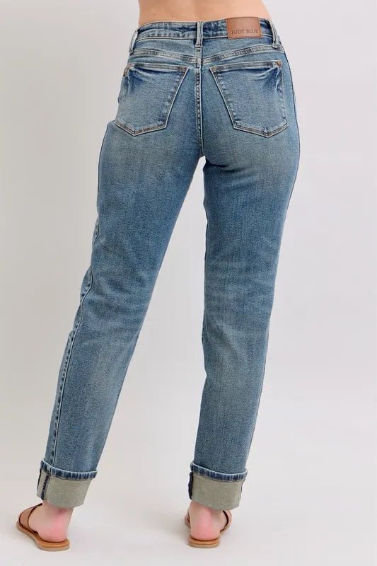 Judy Blue Full Size Mid Rise Vintage Wash Double Roll Cuff Boyfriend Jeans Plus Size - Blu Lotus Boutique