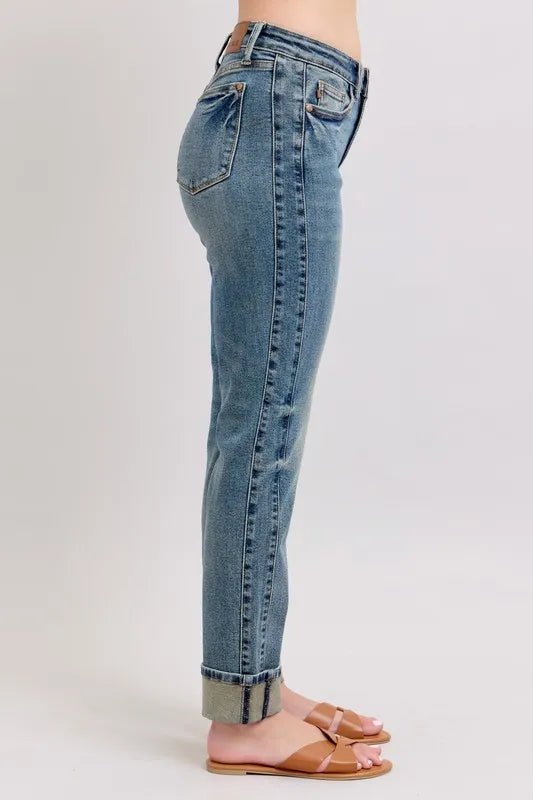 Judy Blue Full Size Mid Rise Vintage Wash Double Roll Cuff Boyfriend Jeans Plus Size - Blu Lotus Boutique