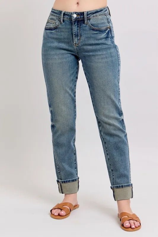 Judy Blue Full Size Mid Rise Vintage Wash Double Roll Cuff Boyfriend Jeans Plus Size - Blu Lotus Boutique