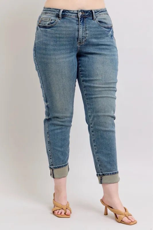 Judy Blue Full Size Mid Rise Vintage Wash Double Roll Cuff Boyfriend Jeans Plus Size - Blu Lotus Boutique