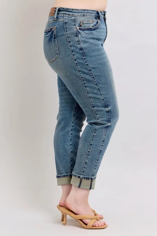 Judy Blue Full Size Mid Rise Vintage Wash Double Roll Cuff Boyfriend Jeans Plus Size - Blu Lotus Boutique
