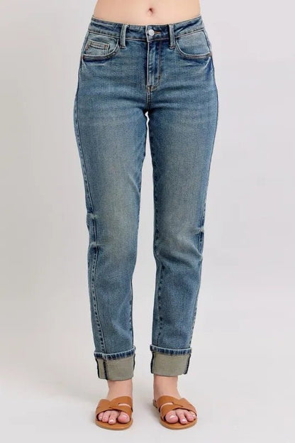 Judy Blue Full Size Mid Rise Vintage Wash Double Roll Cuff Boyfriend Jeans Plus Size - Blu Lotus Boutique