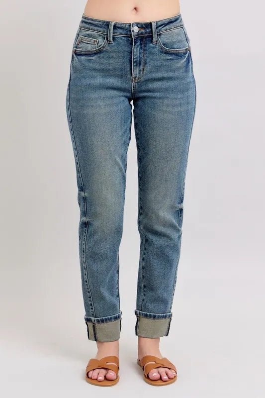 Judy Blue Full Size Mid Rise Vintage Wash Double Roll Cuff Boyfriend Jeans Plus Size - Blu Lotus Boutique