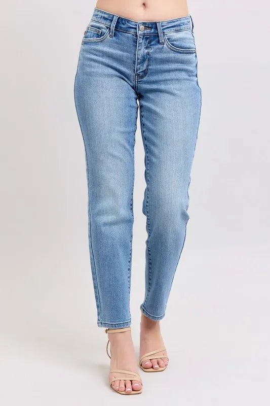 Judy Blue Full Size Mid Rise Vintage Wash Slim Jeans with Cell Phone Pocket Plus Size - Blu Lotus Boutique