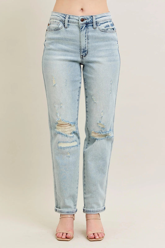 Judy Blue Full Size Mr Repair Stitch Detail Destroy Single Cuff Bf Jeans Plus Size - Blu Lotus Boutique