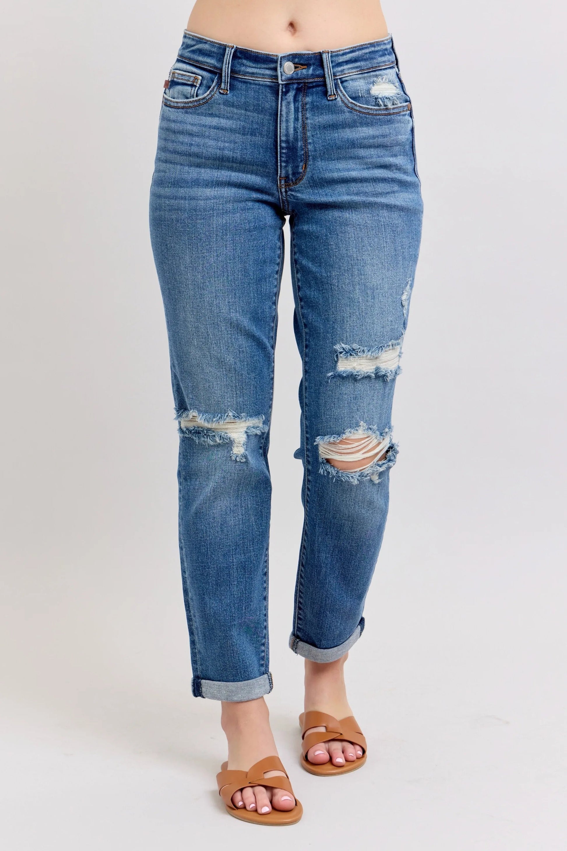 Judy Blue Full Size Mr Vintage Wash Boyfriend Fit W/ Destroy Jeans Plue Size - Blu Lotus Boutique