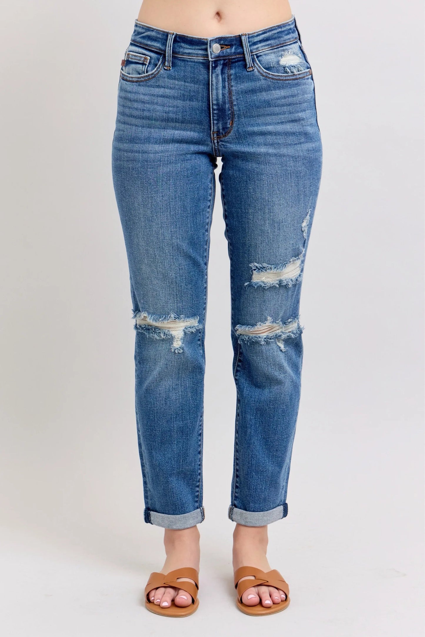 Judy Blue Full Size Mr Vintage Wash Boyfriend Fit W/ Destroy Jeans Plue Size - Blu Lotus Boutique