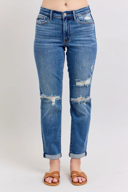 Judy Blue Full Size Mr Vintage Wash Boyfriend Fit W/ Destroy Jeans Plue Size - Blu Lotus Boutique