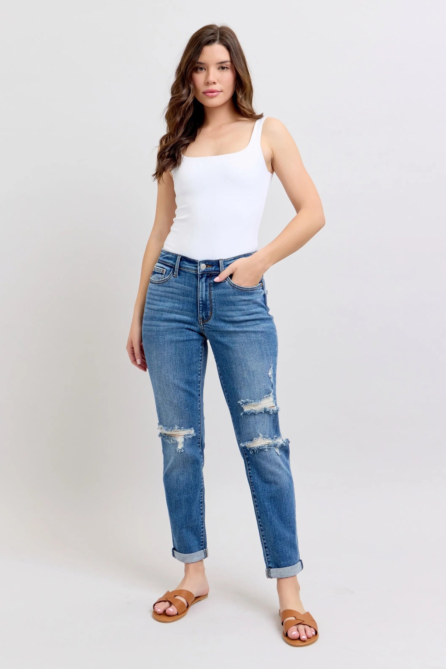 Judy Blue Full Size Mr Vintage Wash Boyfriend Fit W/ Destroy Jeans Plue Size - Blu Lotus Boutique